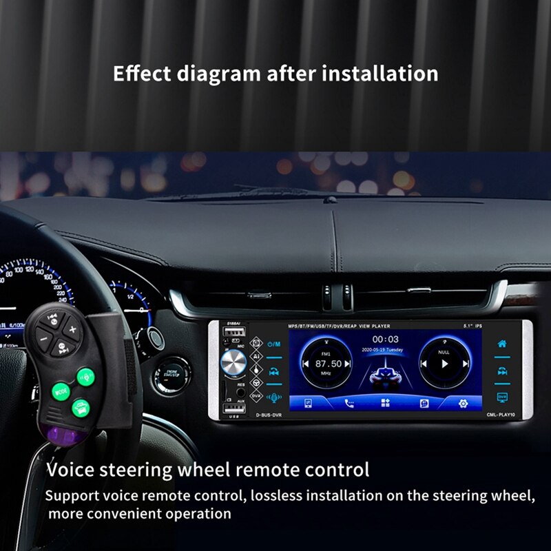 Reproductor MP5 para coche, Radio con Control de voz, RDS, AM, FM, 4USB, bidireccional, 1DIN, 5,1 pulgadas, 5188