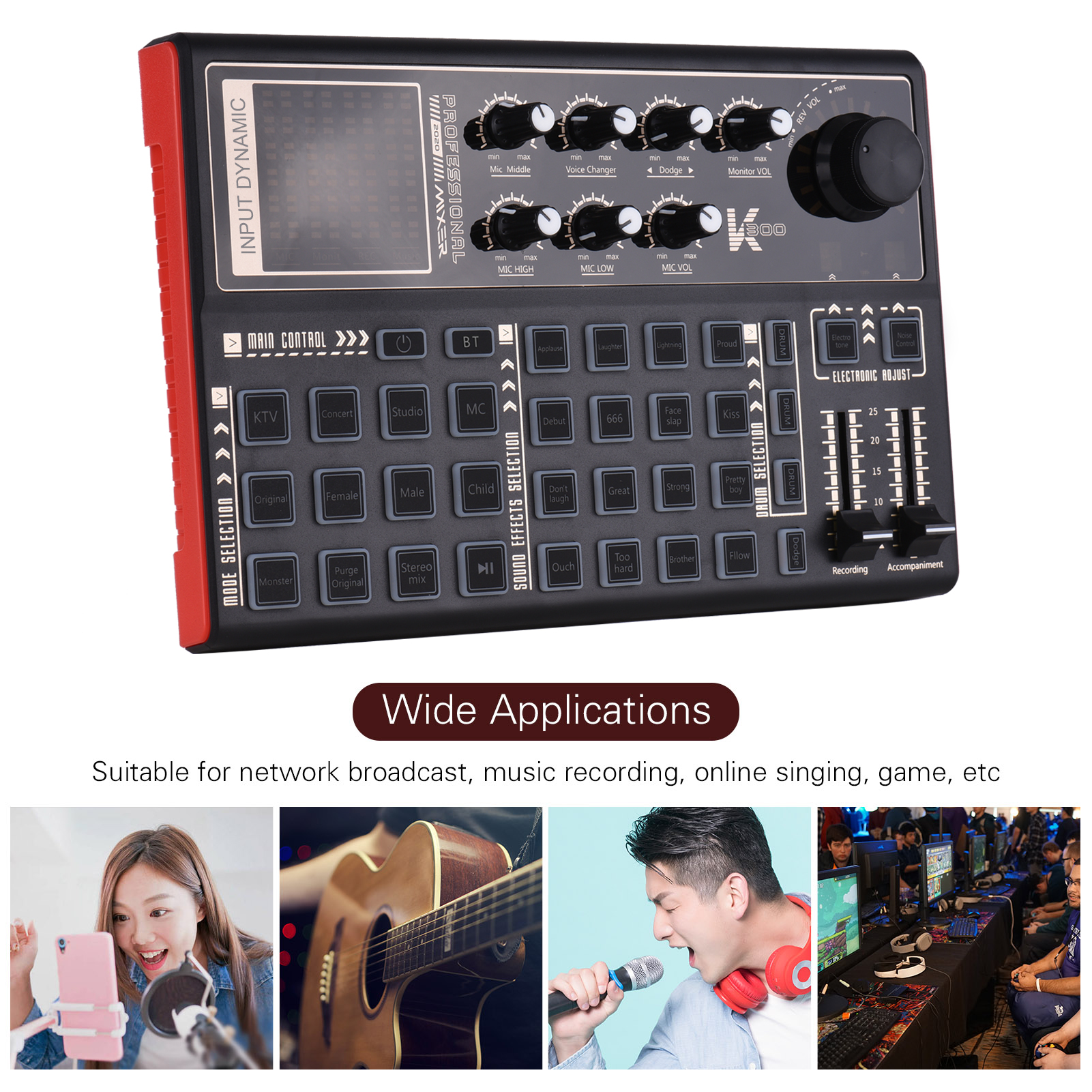 SK300 Live Sound Card External Voice Changer Audio Mixer Built-in Battery Multiple Sound Effects for Music Recording