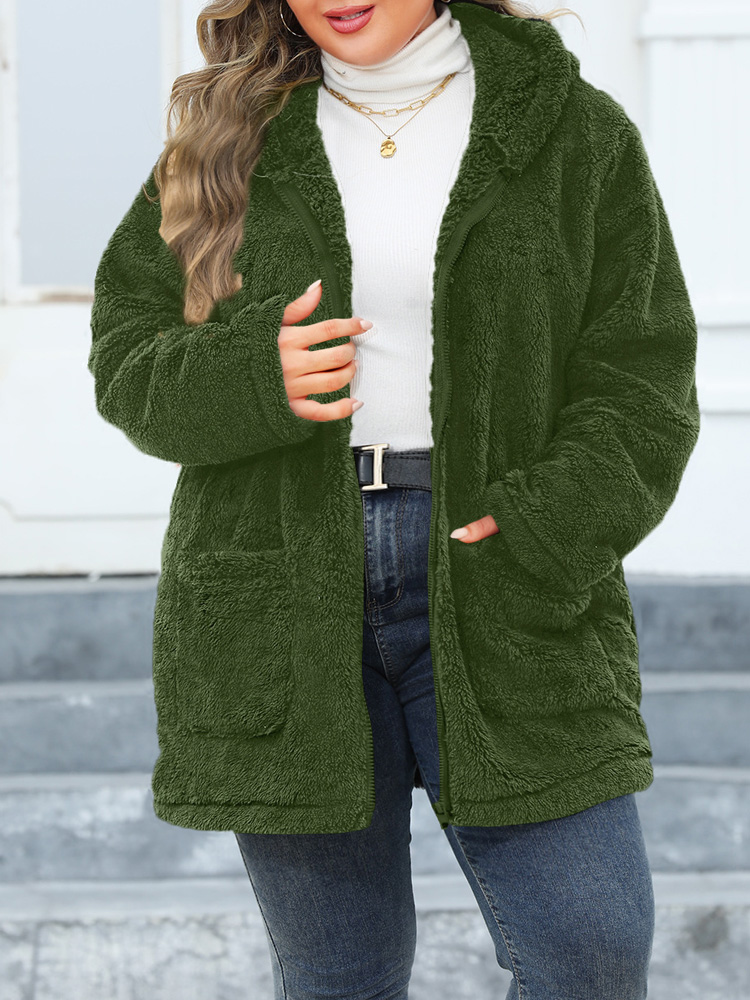 Gibsie plus size efterår vinter hættetrøje plys fleece teddyjakke kvinder lommer afslappet solid lynlås imiteret pelsjakke varmt overtøj: 5xl / Grøn
