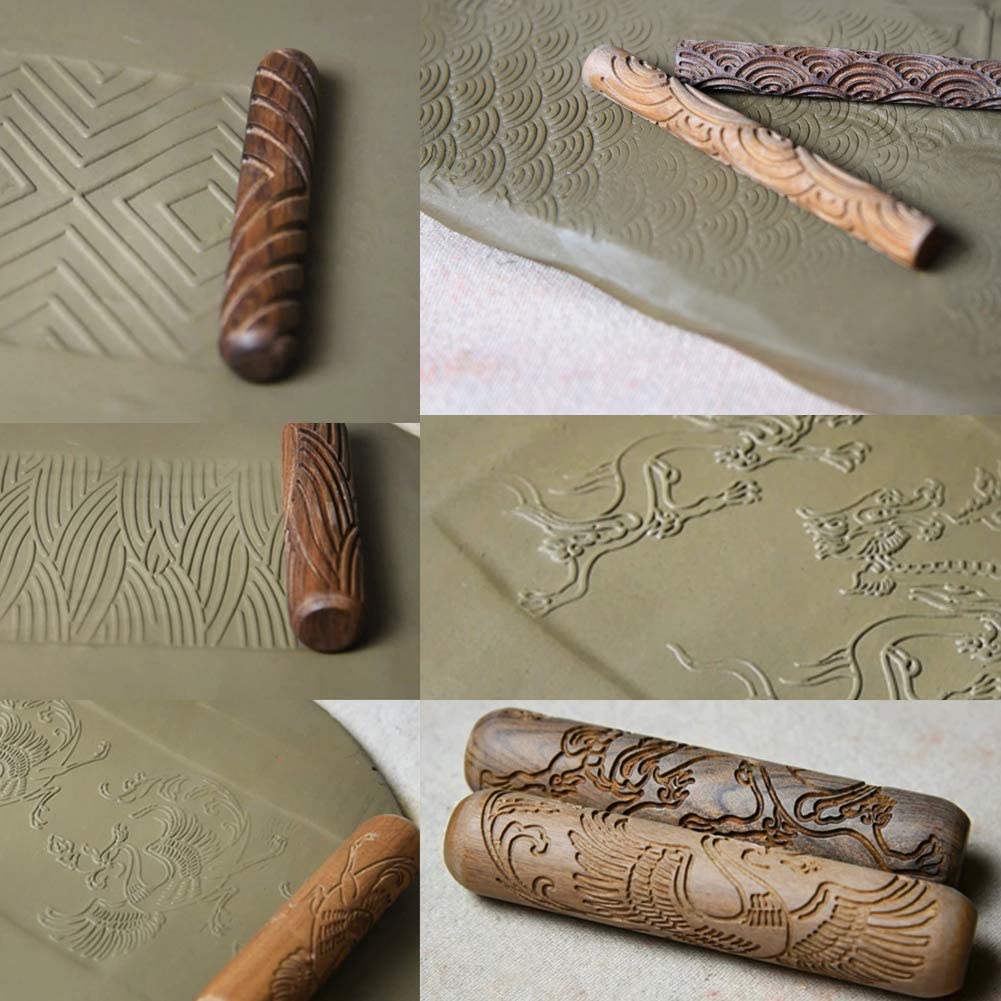 Pottery Tools,Wooden Handle Rollers Clay Modeling Pattern Rollers Kit Pottery Tools Set with Assorted Patterns 10Pcs