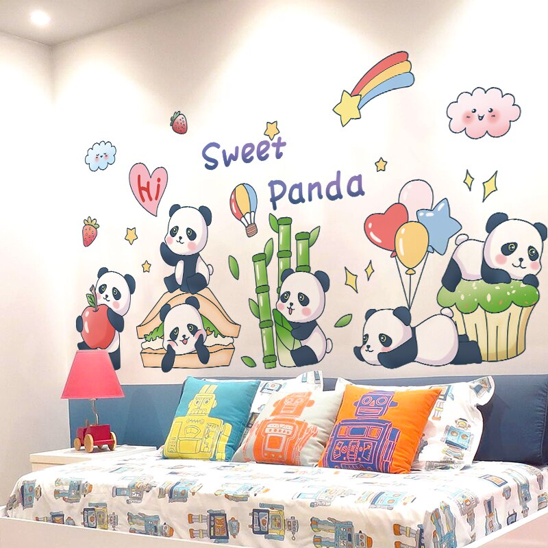 Black Pandas Animals Wall Stickers DIY Cartoon Bamboo Balloons Wall Decal for Kids Room Baby Bedroom Nursery Home Decoration