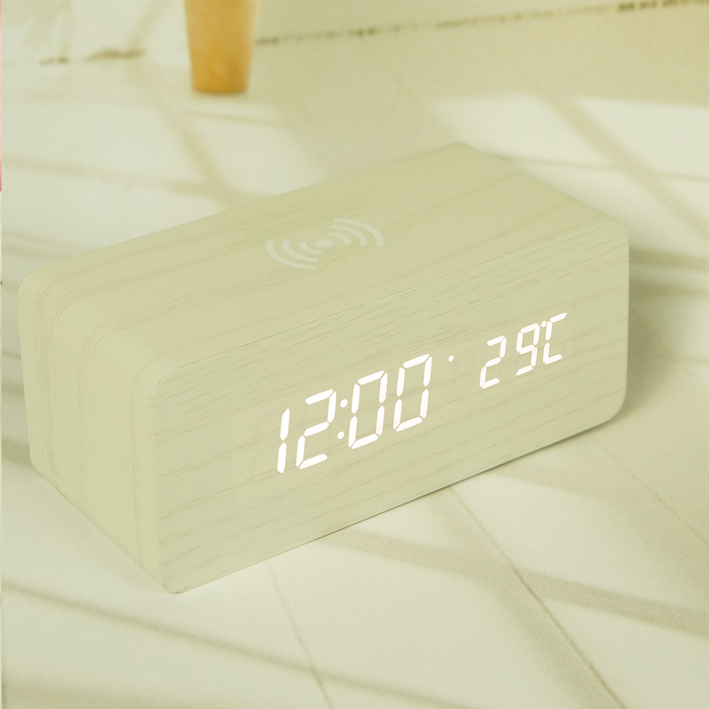 Creatieve Decoratie Elektronische Klok Mobiele Telefoon Draadloos Opladen Houten Klok Led Digitale Klok Geluid Controle Functie