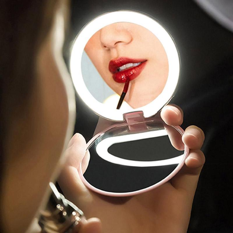 Portable LED Lighted Makeup Mirror Folding Magnifying Round Cosmetic Mirror Portable Vanity LED Mirror With Light Beauty Tool
