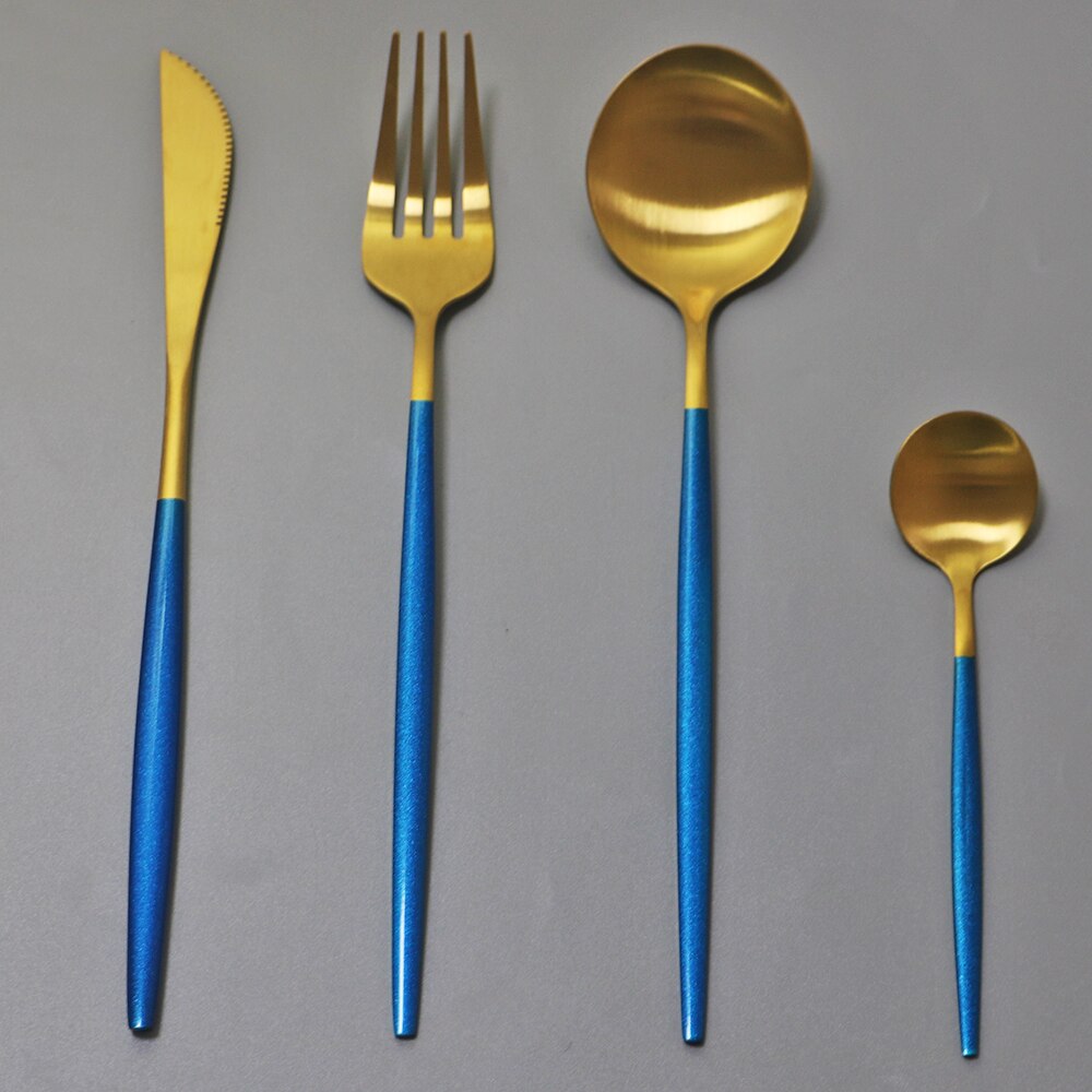 Western 4 pièces rose or mat ensemble de couverts 304 en acier inoxydable vaisselle couteau fourchette cuillère vaisselle cuisine dîner couverts ensemble: Blue Gold