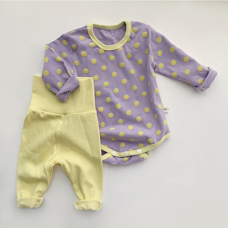 2021 autunno neonate dormiente stile coreano manica lunga Polka Dot pagliaccetto pantaloni a vita alta 2 pezzi neonati pigiami per bambini abiti: Purple / 3M