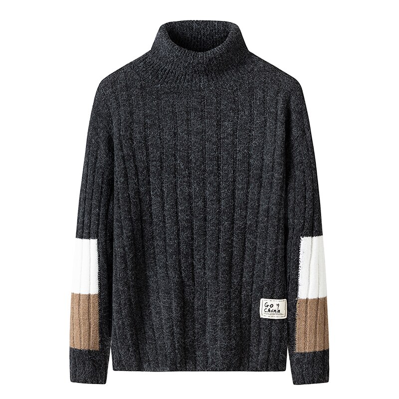 Huncher Heren Coltrui Mannen Slim Fit Herfst Winter Hoge Kraag Trui Koreaanse Patchwork Coltruien Zwarte Truien Voor Mannen: Black Sweater / Asian-3XL
