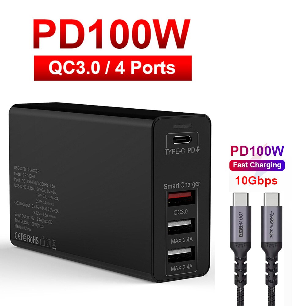 100W 4port Power Adapter PD100W/65W/45W/18W QC4.0/PPS Charger 5A E-MARK USB-C Cable For USB C Laptops MacBook Pro iPhone12/11: Charger(B) and Cable / US