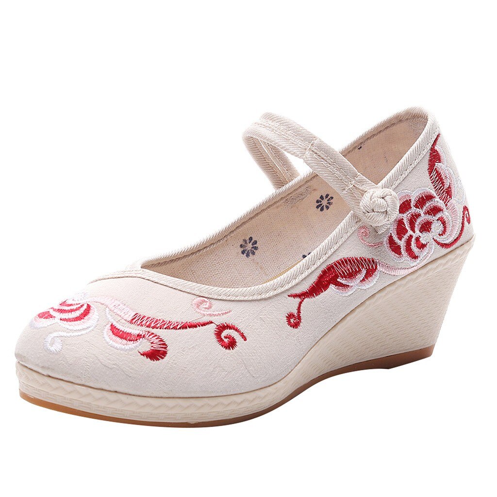 Women's Wedges Flowers Embroidered Canvas Shoes Chinese Style Casual Shoes black Folk Flower Embroideried Fabric Wedge shoes#smt: Beige / 8