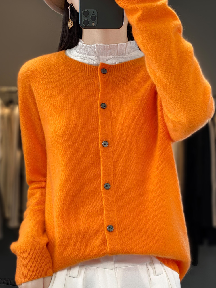 mujer 100% cárdigans de lana merina suéter de cachemira Otoño Invierno cuello redondo prendas de punto de manga larga ropa básica femenina Tops