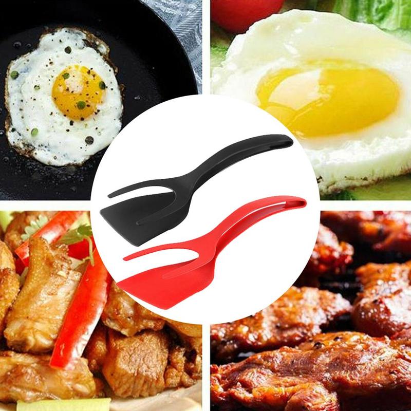 Tortitas de huevo frito tortilla vuelta 2 en 1 espátula cuchara agarre pinzas espátula para huevos pinza accesorios de cocina