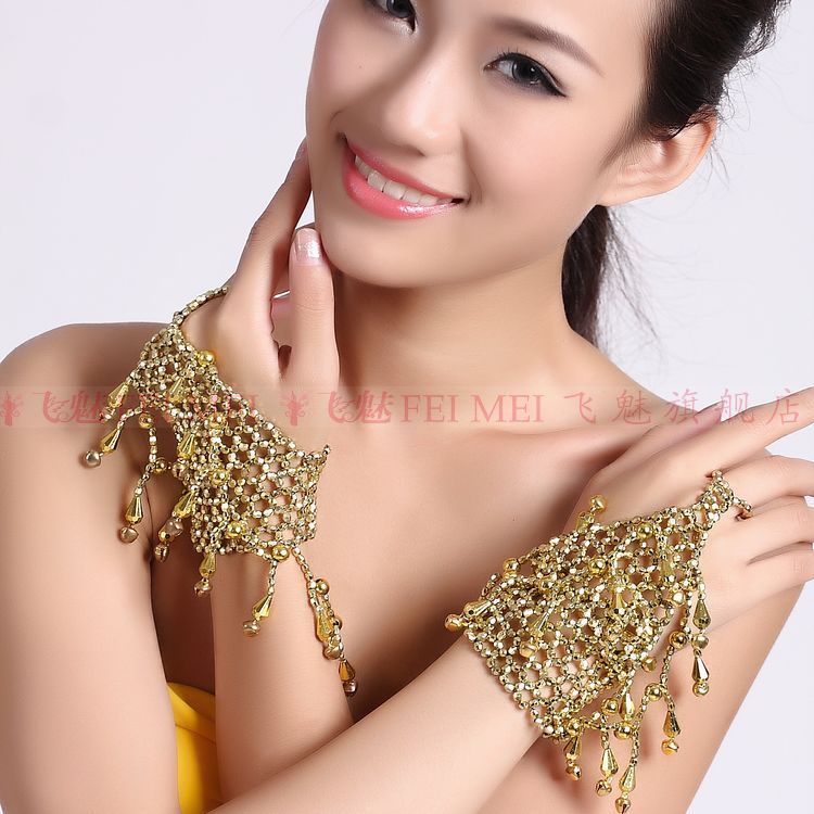 2 pièces bracelet élastique danse du ventre/doigt moyen chaîne anneau accessoires danse du ventre: gold 2
