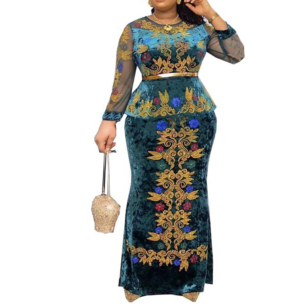 Md luksus verkkohihaiset samettimekot naisille afrikkalainen dashiki brodeerattu pitkä mekko ei headtie nigerialainen viitta juhliin kaftanilla: Vihreä / Xxl