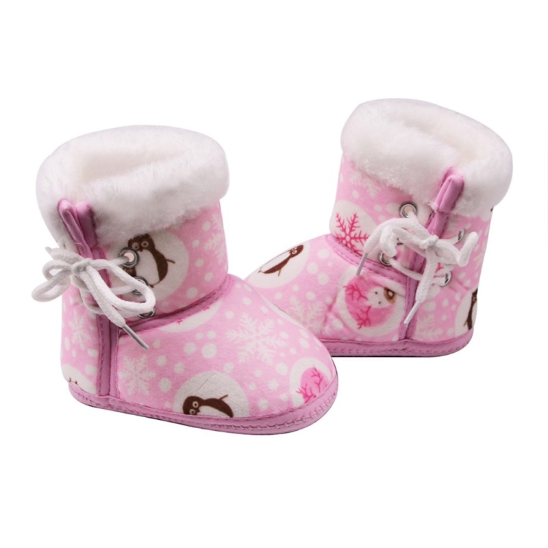 Baby Winter Boots Newborn Baby Girl Boots Soft Warm Snowflake Penguin Print Tube Baby Side Tie Cotton Shoes