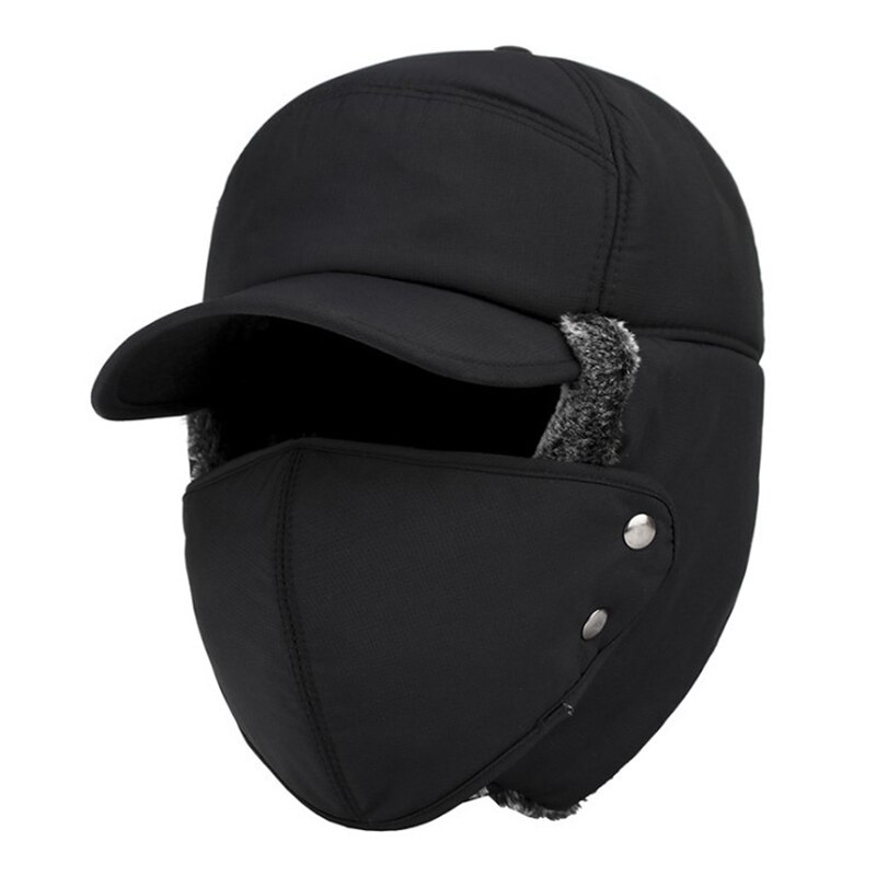 Chapeau coupe-vent en fourrure pour hommes et femmes, casquette à rabat d'oreille bombardier, casquette Anti-neige équipement de plein air en coton, hiver: black