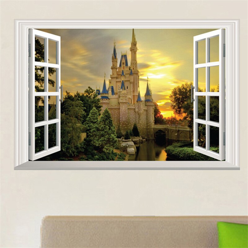 3D Lavender Sakura Castle Window Wall Sticker Home Decor Poster Living Bedroom Corridor Kitchen Scenery Vinyl Decals Paper