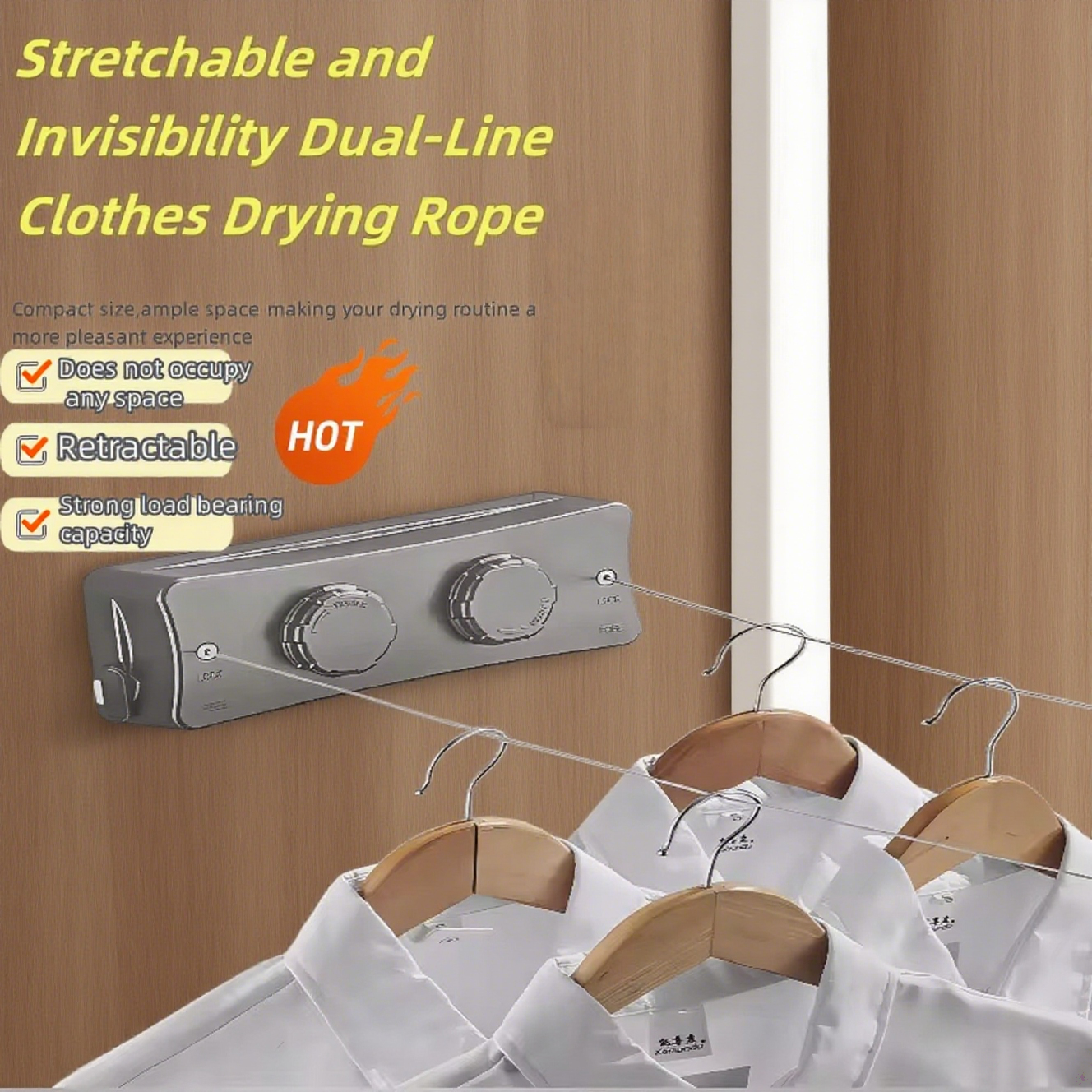 Sznurek na pranie zwijany 5,1 metra, robić użytku wewnątrz i na zewnątrz, ze stali nierdzewnej, wytrzymały, oszczędzający miejsce, idealny robić domu, na balkon lub patio.