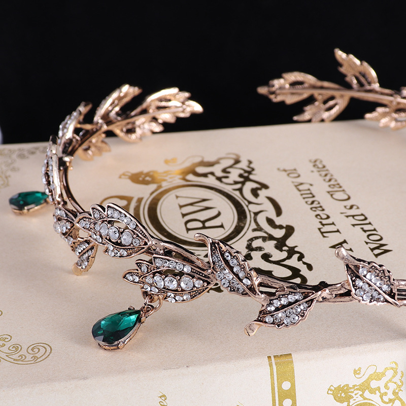 Vintage Bronze Emerald Green Fairy Crown Tiaras Crystal Leaves Elf Tiara Bandana Hair Accessories for Women Costume Hair Jewelry