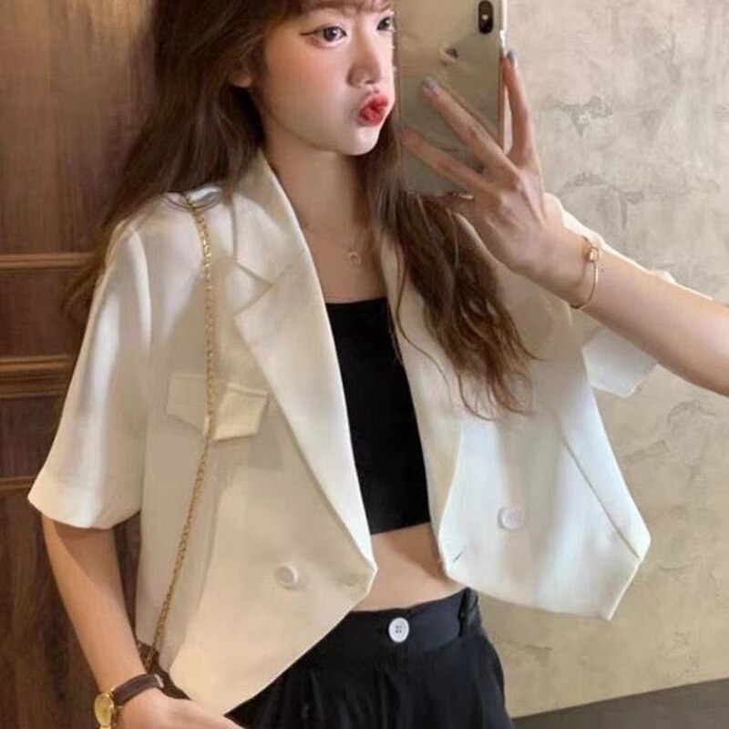 Zomer Korte Mouw Onregelmatige Zwarte Blazers Vrouwen Modieuze Ulzzang Office Lady Double Breasted Crop Tops Losse Uitloper Suits