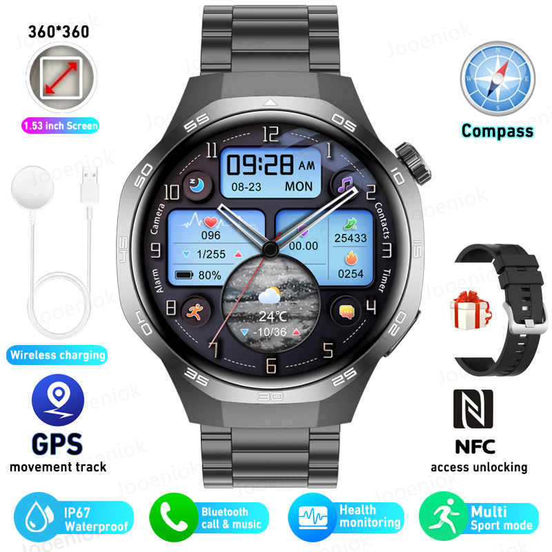 Smartwatch 2025 dla mężczyzn Huawei Kompas sportowy Na zewnątrz NFC Połączenie Bluetooth GPS Tętno Zdrowie Wodoodporny Smartwatch pogodowy: Czerwony