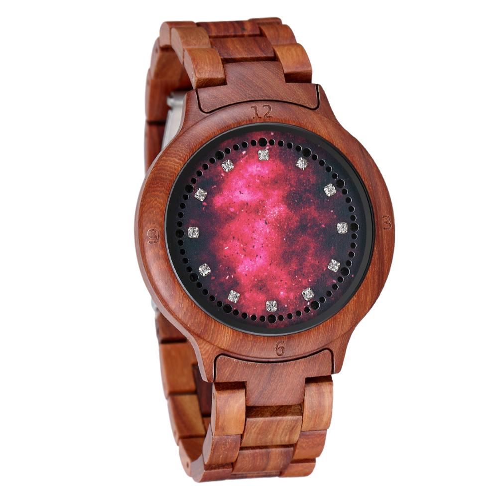Red sandalwood LED Light Touch Screen Diamond Dial Wooden Watch Red Starry Sky Surface Luminous Watch Relogio Masculino