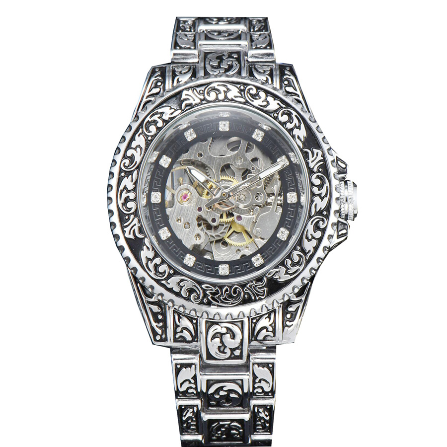 Reloj Automático LONGLUX, reloj mecánico retro de lujo, acero inoxidable tallado, resistente al agua, sin logotipo, reloj para hombre, para hombre: Negro