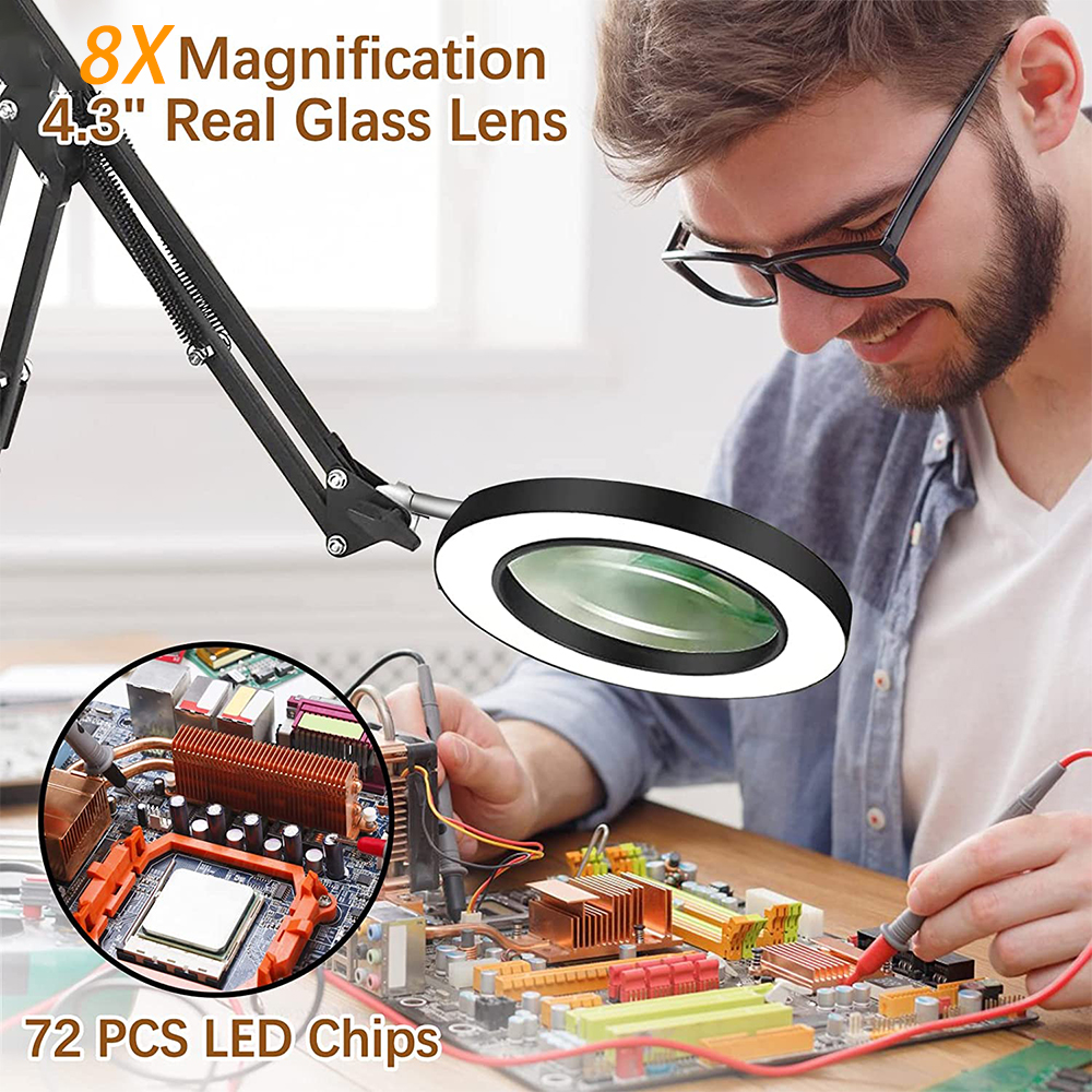 Lente d'ingrandimento Lampada a LED Lente d'ingrandimento con luce 10 livelli Lampada da lettura a LED con supporto a morsetto Lampada a luce artigianale a 3 colori