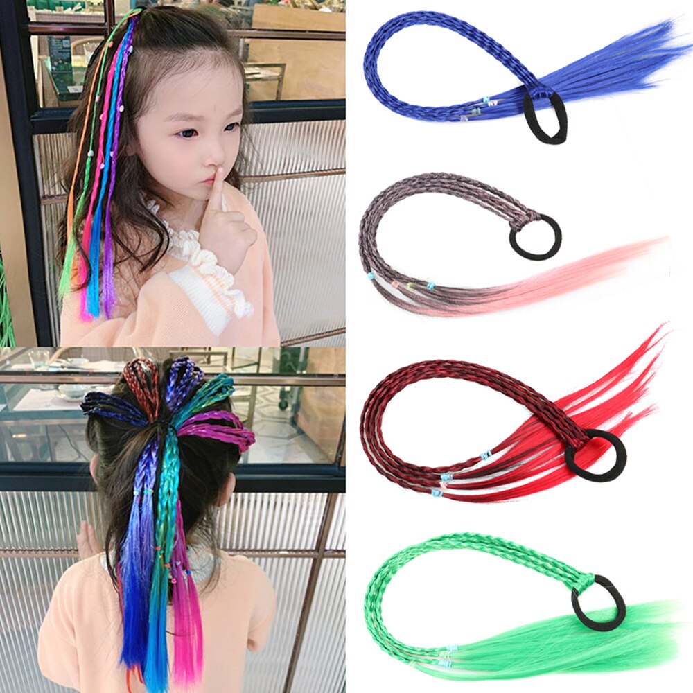 Rubber Bands With Pigtails Rainbow Color Overhead Tail Kanekalon Box Braids Ponytail Hair Extensions With Elastic Band For Girls