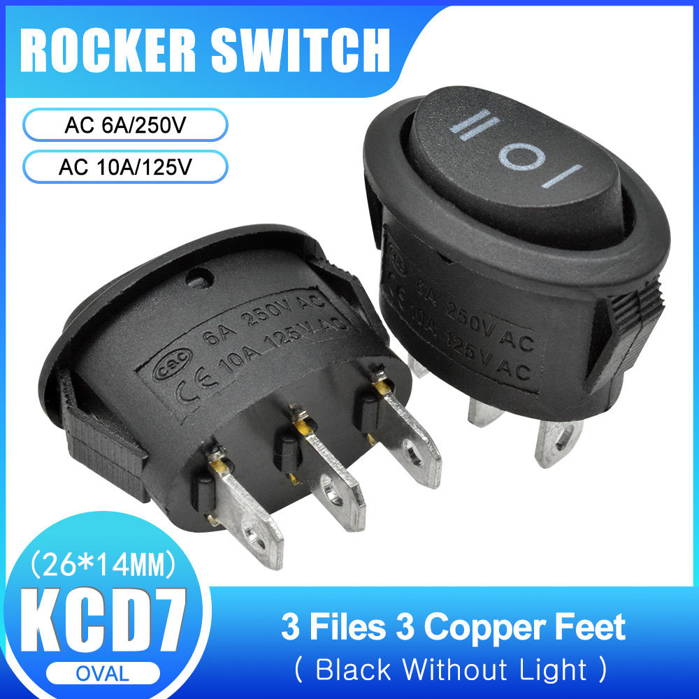 5Pcs 26x14mm KCD7 Oval Push Button Rocker Switch 6A 250V 10A 125V AC Toggle IO On-Off Car Boat Power Switch 2Pin 3Pin LED Light: 3Pin On-Off-On Black