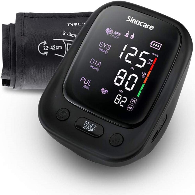 Sinocare blodtryksmåler tensiometer overarm automatisk digital bp maskine puls pulsmåler lcd display: Sort
