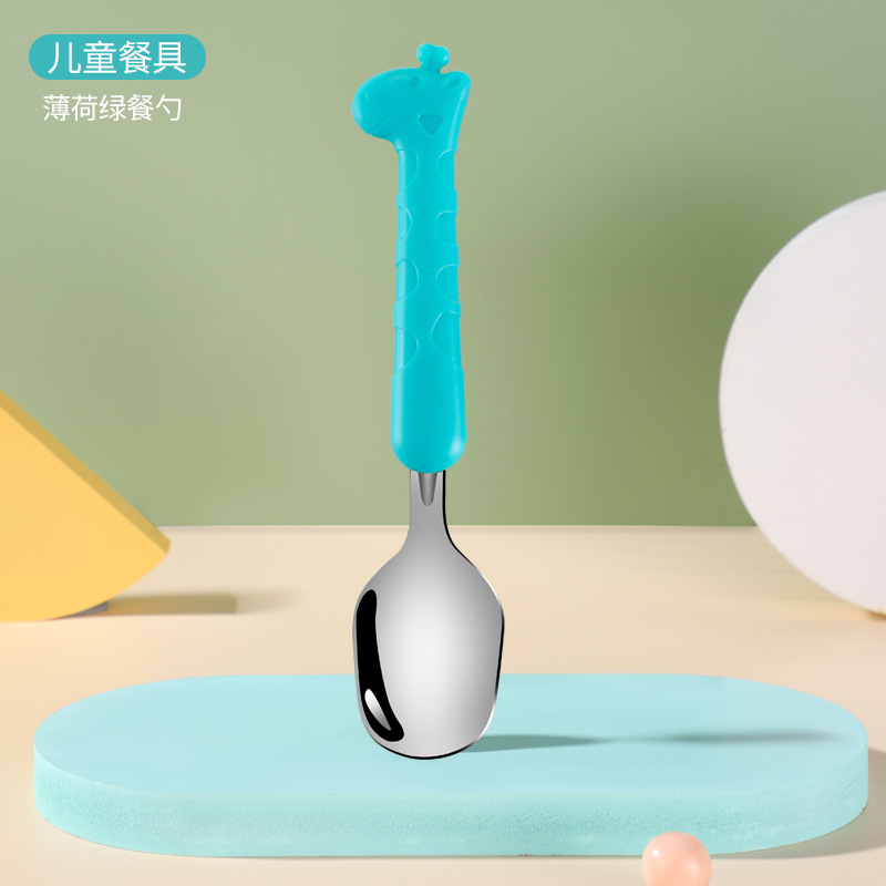 Baby servise sett barn redskap giraff spedbarn mat mat skje gaffel rustfritt stål småbarn servise bestikk gadgets: Grønn skje