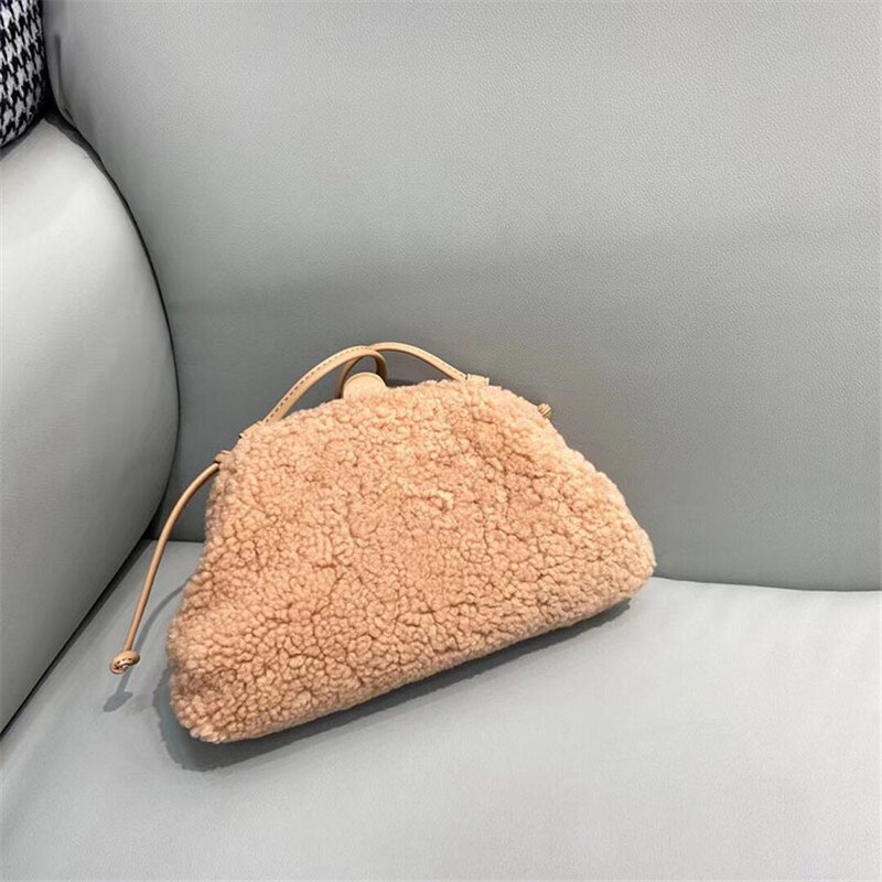 Damen-umhängetasche aus wolle, leder und #39 – herbst und winter, hochwertig, exklusiv, mit cloud-plüsch-design: Lotuswurzel rosa