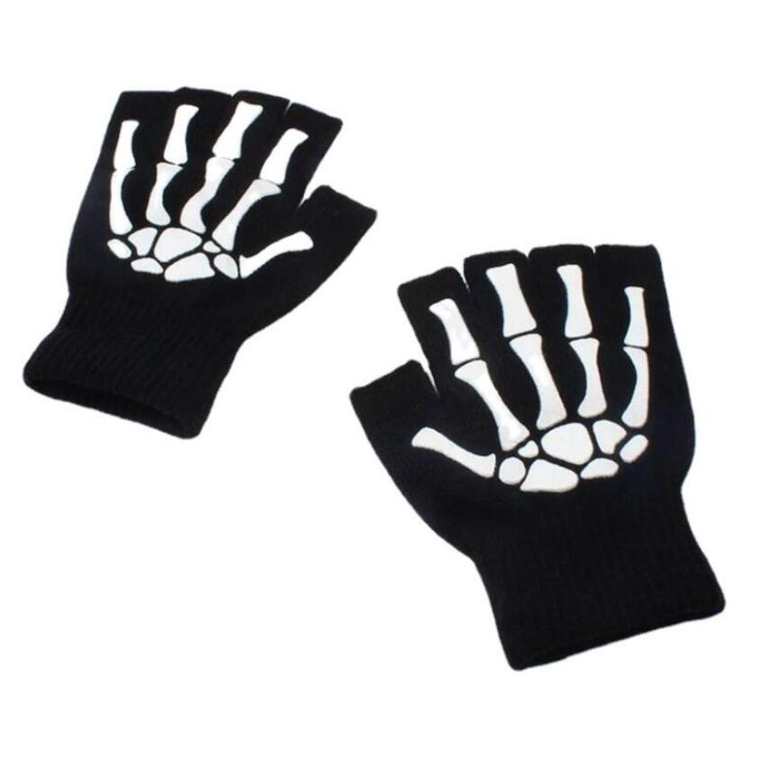 Guanti mezze dita con teschio scheletro fluorescente con stampa punk di Halloween unisex incandescenza in il buio guanti invernali lavorati a maglia senza dita: Default Title