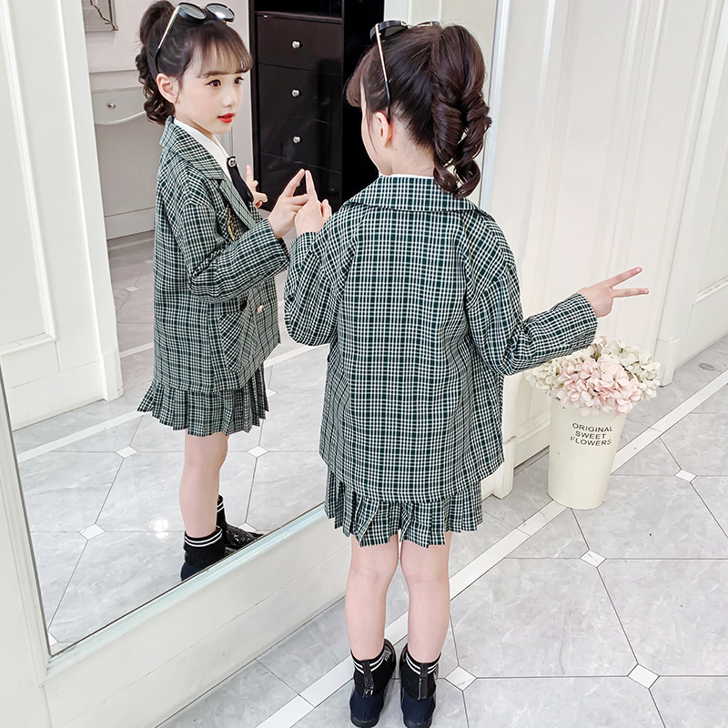 Meisjes Preppy Stijl Pak Set Kinderen Lente Zomer Kleding School Jas Kinderen Groene Plaid Outfits Rokken