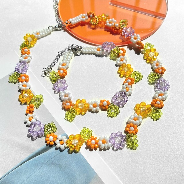 Dvacaman Korean Trendy Colorful Little Daisy Flower Beaded Necklace for Women Boho Acrylic Bead Clavicle Necklace Choker Jewelry: set3
