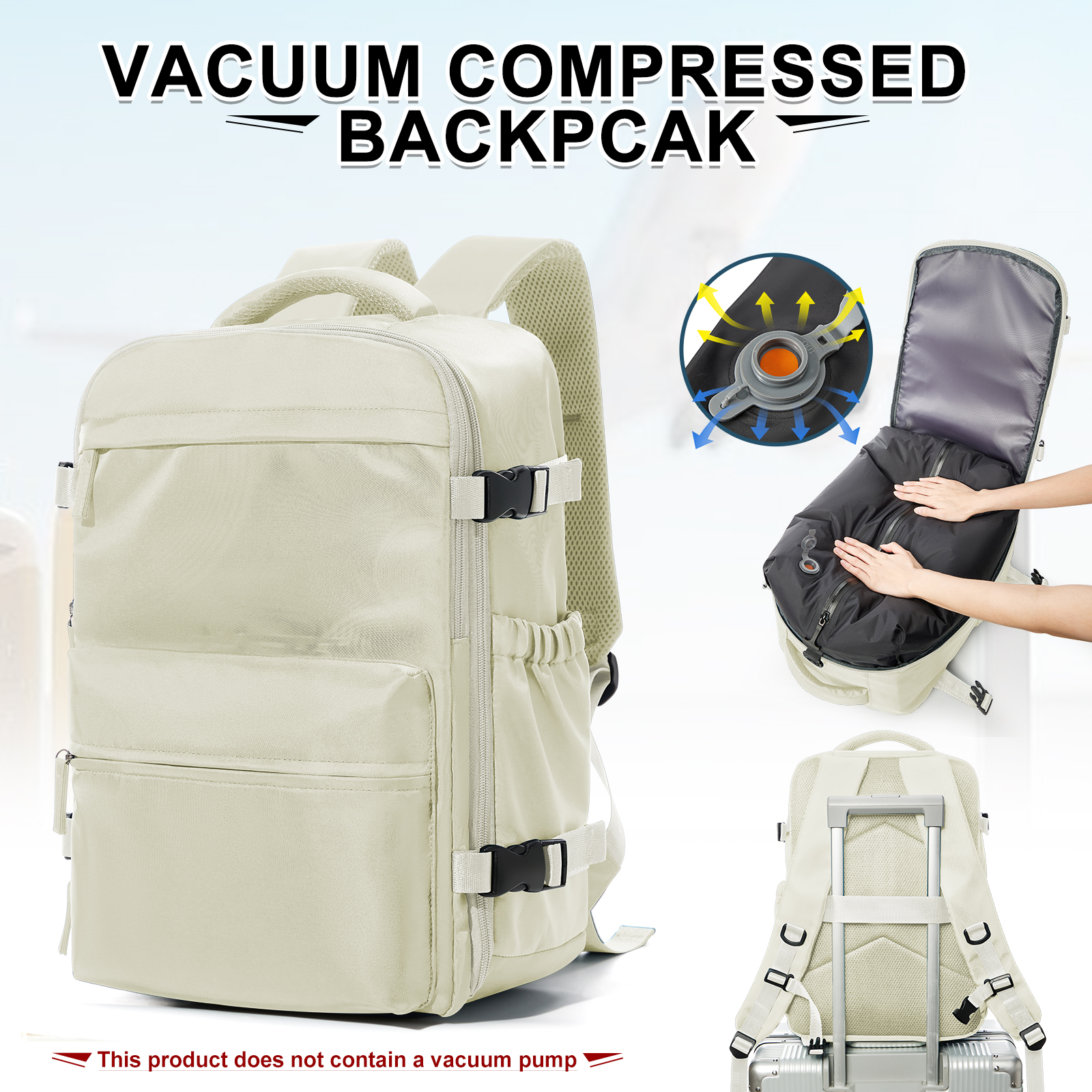 Ryanair sac à dos voyage cabine avion 40x20x25, sac à dos de compression sous vide Air, femmes hommes sac à dos sac pour ordinateur portable d'affaires sac à main: Ivoire