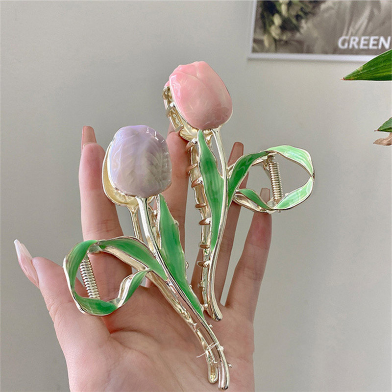 Flower Metal Hair Claw para Mulheres e Meninas, Elegante Multicolor Tulip Hairclip, Ponytail Bun Hairpins, Maquiagem Washing Face, Fashion Gifts