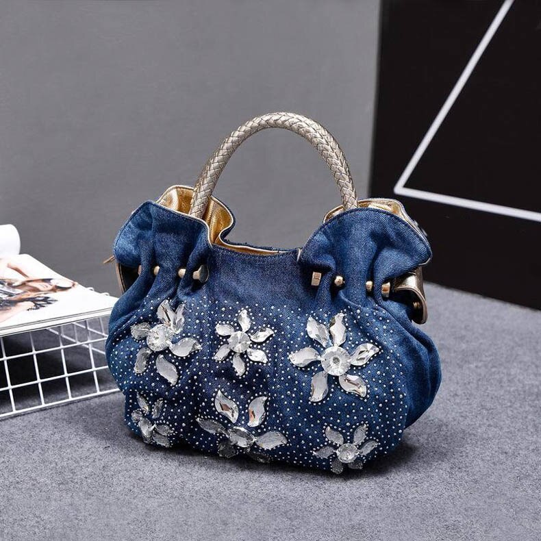 IPinee 2018 Mulher Bolsas Denim Sacos de Strass Luxo Do Vintage Sacos de Ombro das Mulheres Pequenos Sacos de Bolsas Femininas Para As Mulheres Jean: Ouro / Dourado