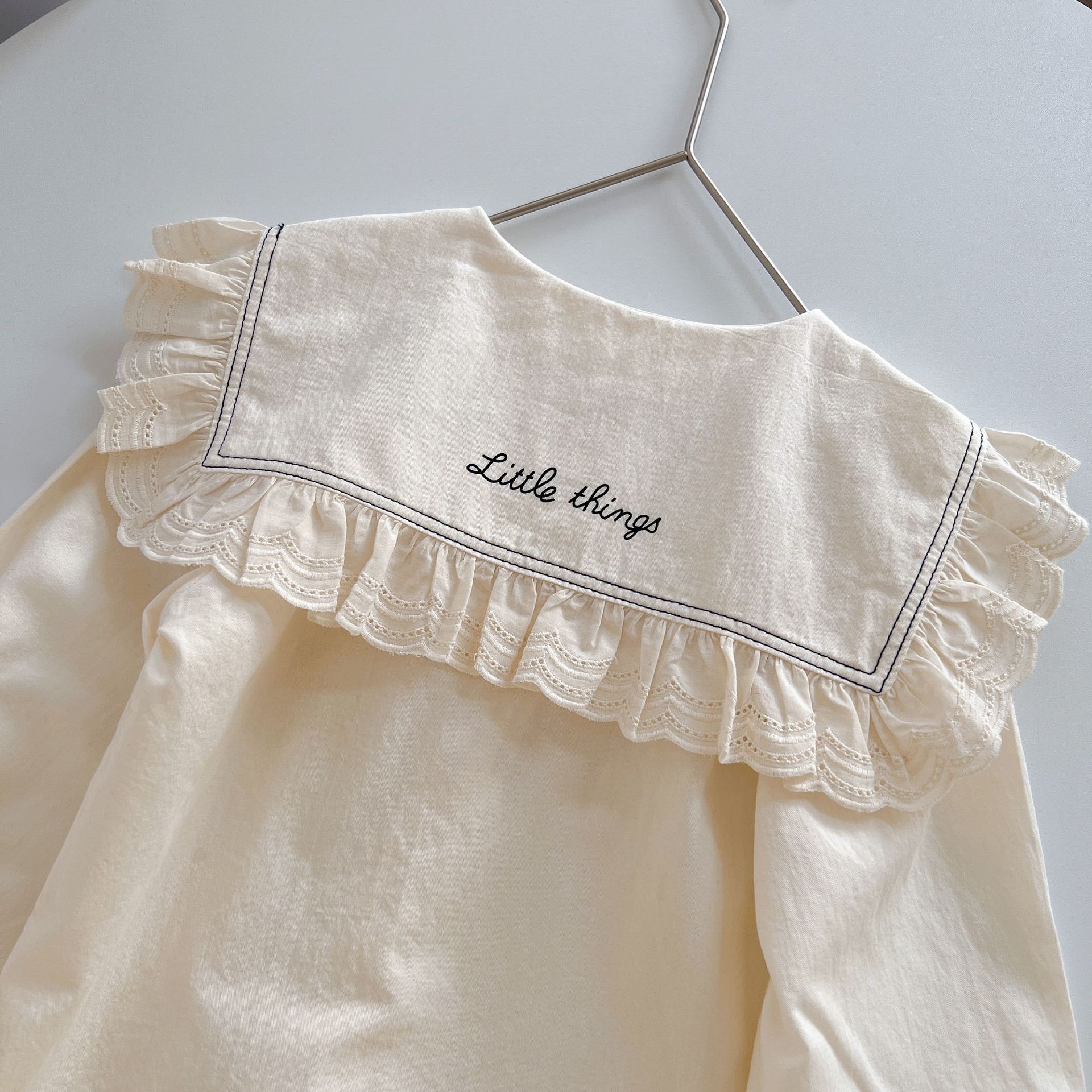 Camisa de encaje para niña 9900B, ropa para niño, blusa con letras bordadas para niña, blusa con cuello de retales de encaje, Tops 2022