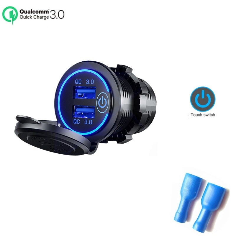 12v/24v 2 charger socket touch switch waterproof universal car truck 36w qc 3,0 plug for phone tablet camera gps: Blue-standard