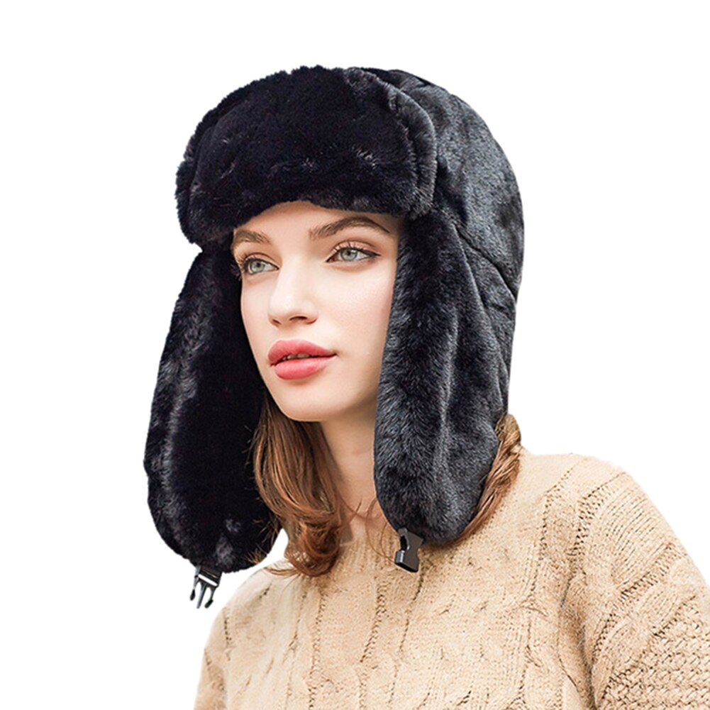 Women Faux Fur Trapper Hat Russian Ushanka Cossack Ski Earflaps Aviator Cap Winter Warm Velvet Bomber Hat 5 Colors