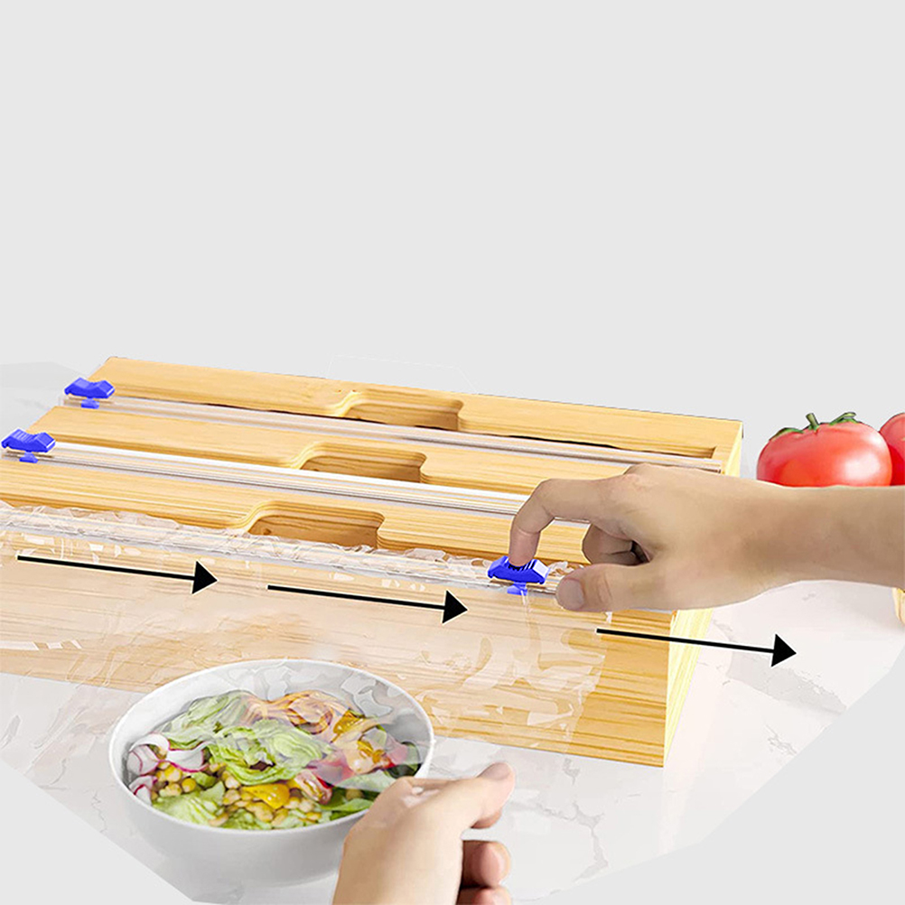 Plastic Wrap Dispenser Food Aluminum Foil Cling Film Cutter Sliding Cut Wood Storage Organizer Holder Kitchen Tool Accessories