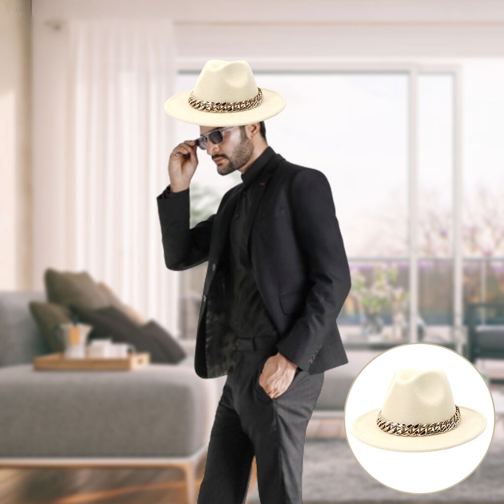 Wide Brim Fedora Hat with Gold Chain Wide Brim Thick Panama Classic British One Size for Women Travel Gentleman Ladies