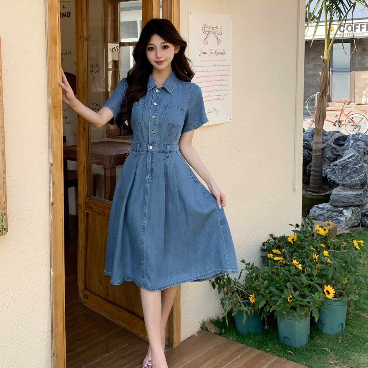 Blå denimkjole til kvinder sommerkjole med nedadgående krave og korte ærmer i a-linje, plus size, mellemlang afslappet kjole