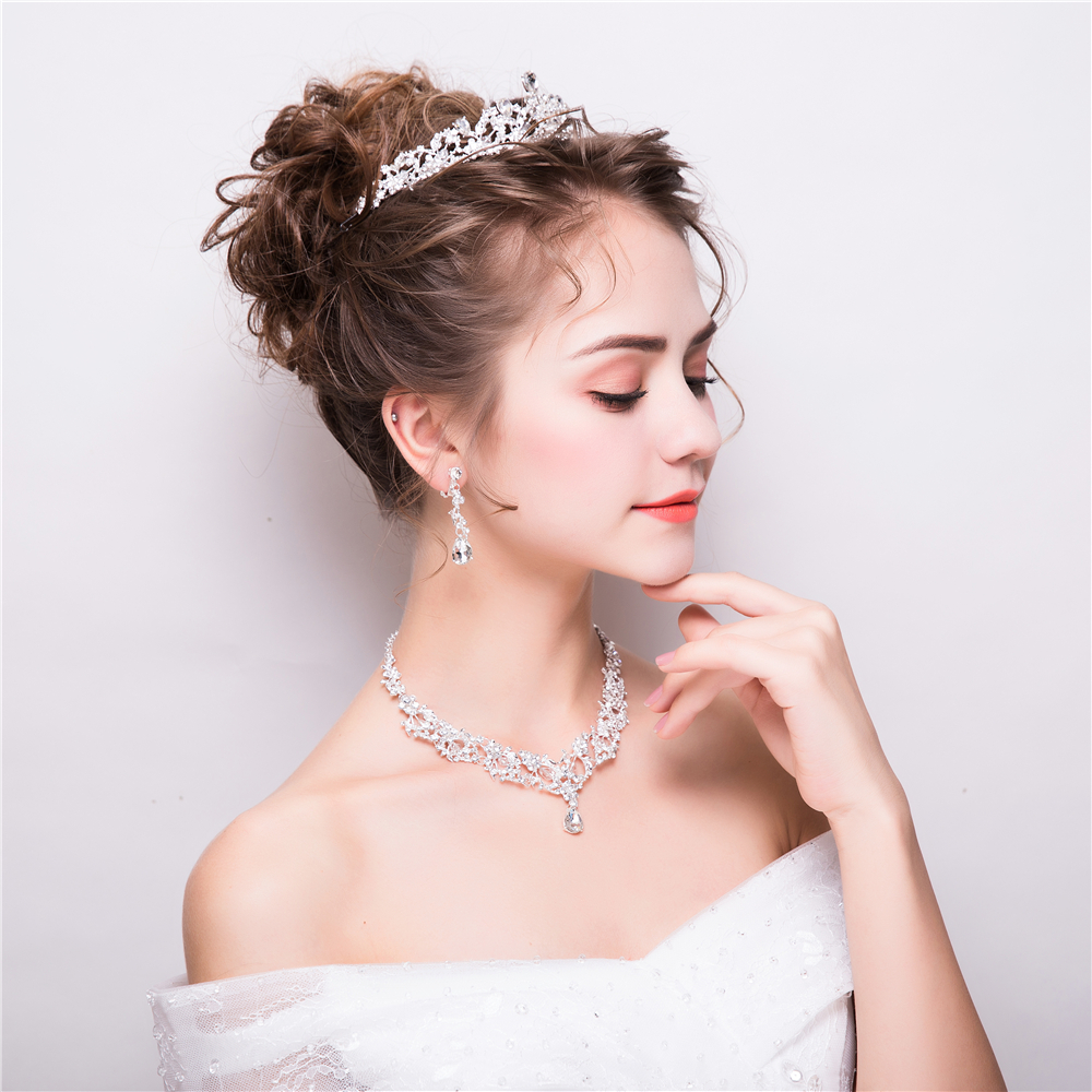 Koreanisch Strass Schmuck setzt Prinzessin Hochzeit Braut Halskette Anhänger Frauen Party Tiara Krone mit Baumeln Ohrringe Neue