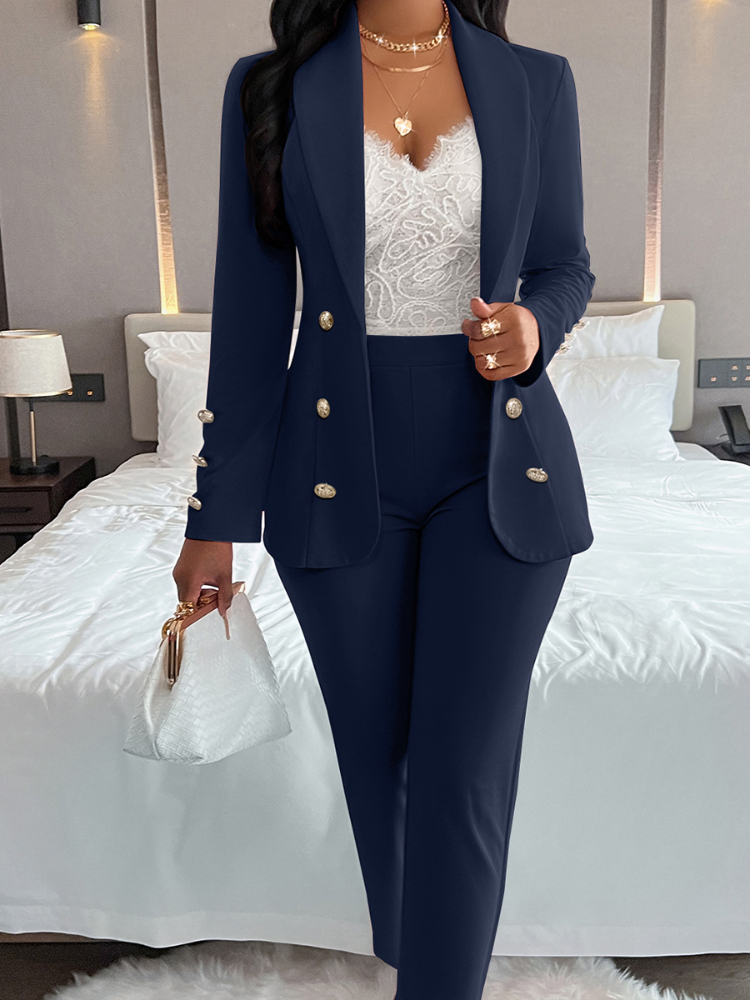 Todelte sæt dame blazer buksesæt jakkesæt matchende sæt enkeltradede frakker åben sting lange bukser afslappet sexet arbejde: S / Marine blå