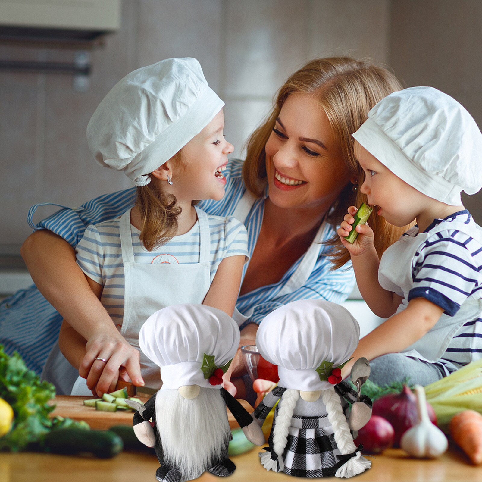 40# 2pc Mother Day Cooking Elf Long Legs Doll Plaid Kitchen Chef Gnomes Table Decor Kawaii Kidsroom Decoration Accessories