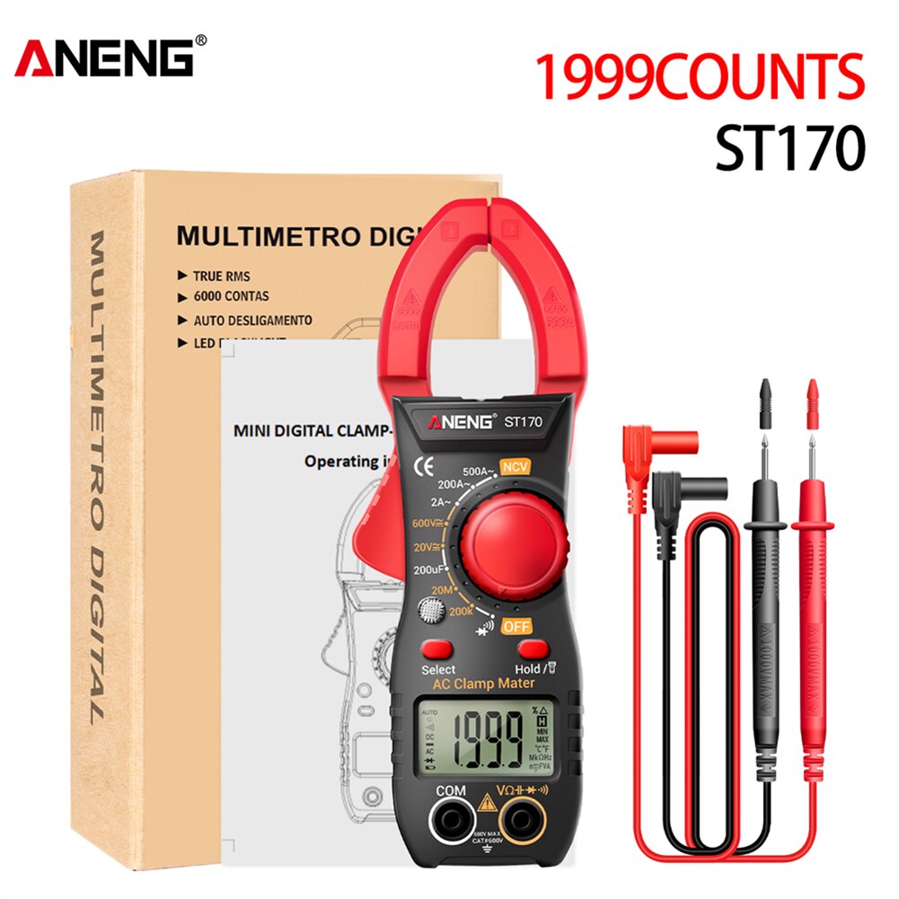 ANENG ST170 Digital Clamp Meter DC/AC Current Multimeter Ammeter Voltage Tester Car Amp Hz Capacitance NCV Ohm Test: Red
