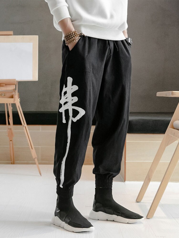 Japon Corée Style Coton Lin Kanji Monk Impression décontracté Harem Pantalons Taille Élastique En Vrac