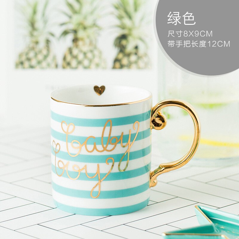 Tasse à café en porcelaine de 350ml, en céramique, couleurs grises, roses, Mr et Mrs, motif blanc, poignée dorée, tasses à thé et lait,: B Style