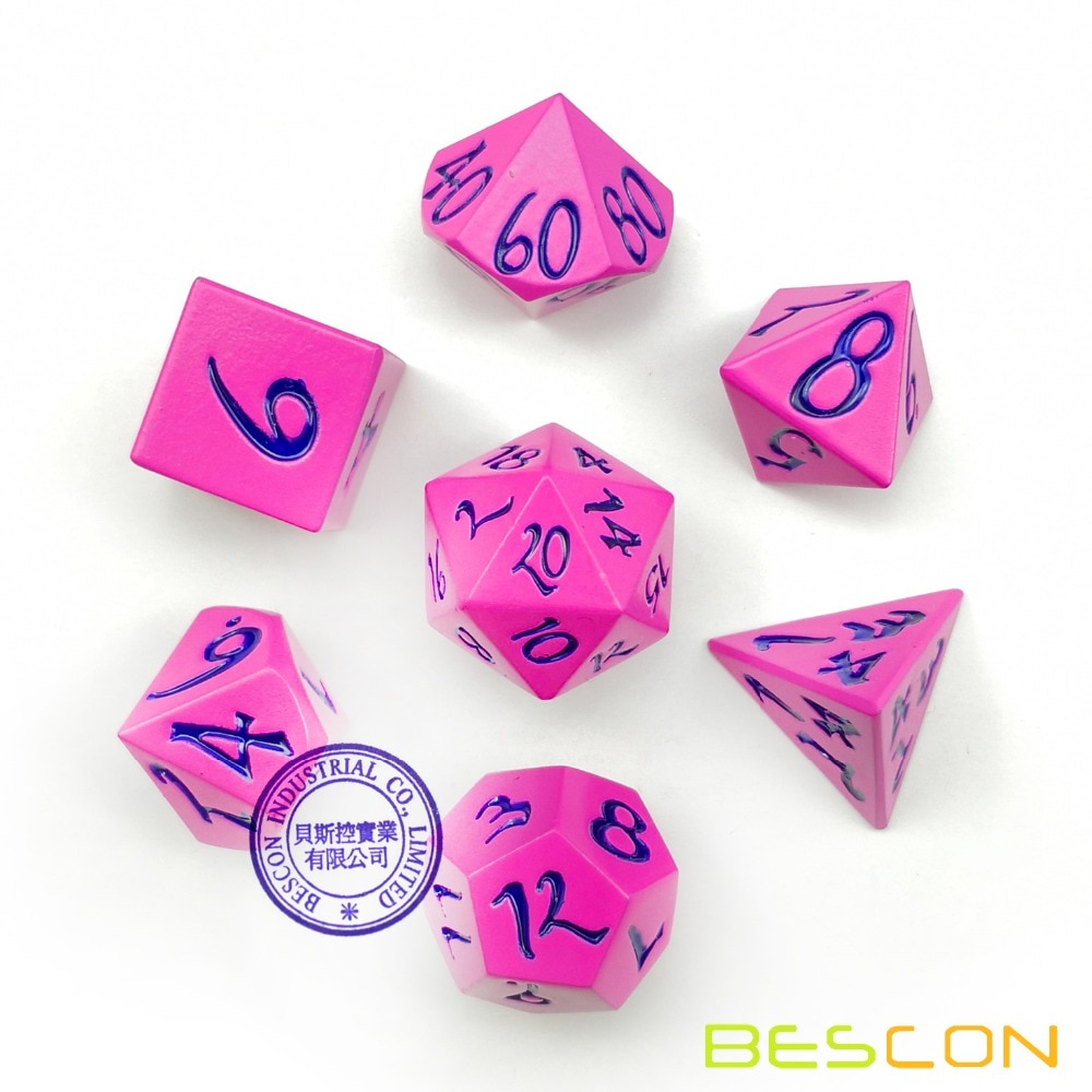 Bescon Stijl Solid Metal Dice Set Diepe Roze W/Zwarte Cijfers, Metallic Rpg Miniatuur Polyhedrale Dobbelstenen Set